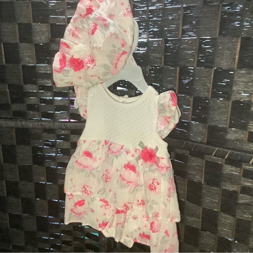 Rene Rofe White and Pink Floral Kids Dress with Hat